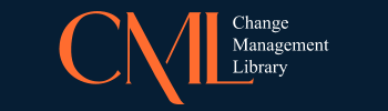 This image features a logo for "Change Management Library." The logo consists of the acronym "CML" in large, bold, serif letters colored orange. To the right of the acronym, the full name is written in smaller, uppercase letters: "Change Management Library." The background is a deep navy blue, providing a strong contrast with the orange text