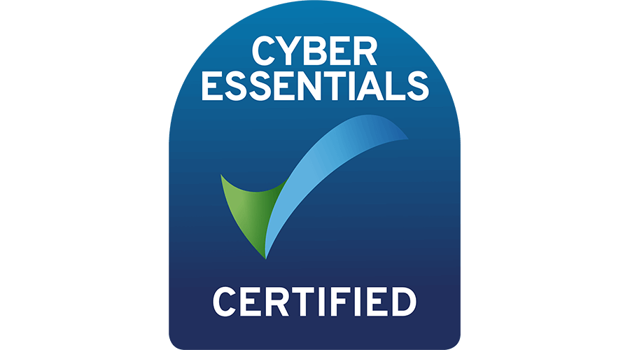 Cyber Essentials Certified logo featuring a blue shield with a green and blue checkmark, indicating certification in cybersecurity standards.
