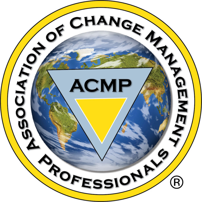 Logo of the Association of Change Management Professionals (ACMP). The logo features a triangular yellow arrow pointing downward, set against a blue and white globe background with continents visible. Surrounding the globe is a yellow ring with the text 'ASSOCIATION OF CHANGE MANAGEMENT PROFESSIONALS' and 'ACMP' inscribed, emphasizing global outreach.
