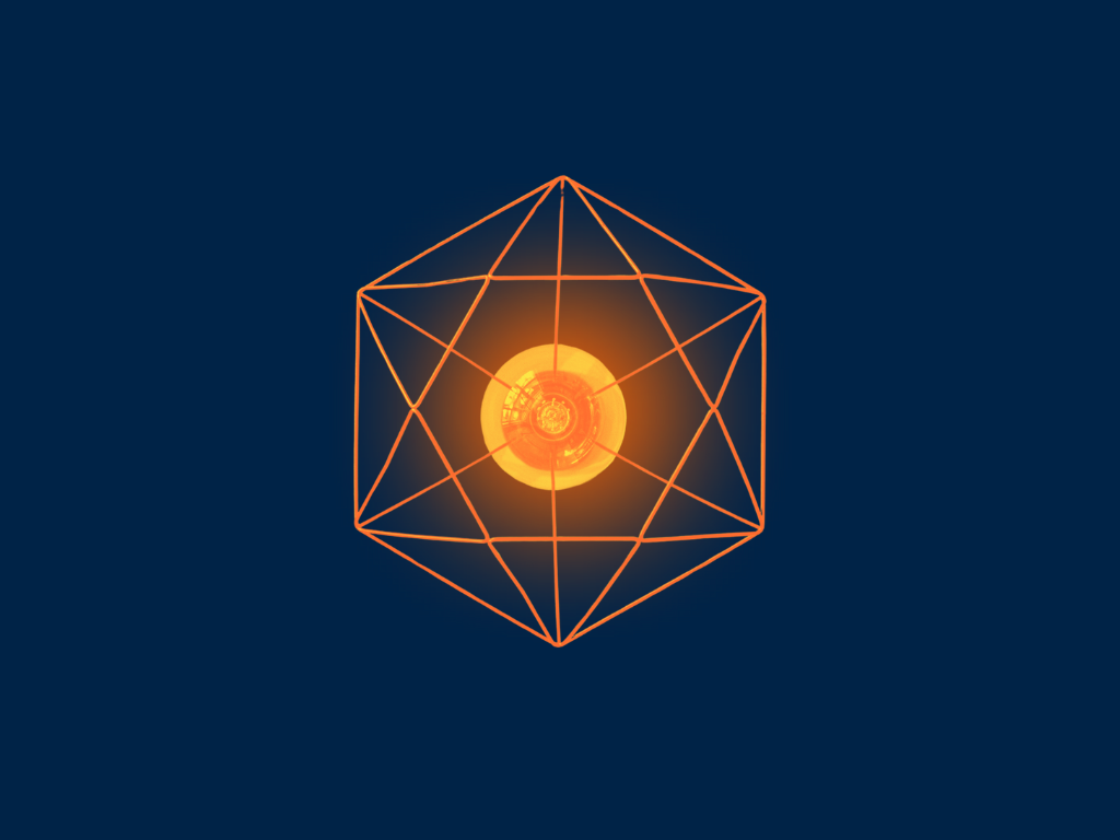 This image features a glowing orange sphere with intricate circular patterns, enclosed within a larger geometric wireframe structure resembling an icosahedron. The wireframe is also in an orange hue, creating a stark contrast against a deep blue background. The overall effect is reminiscent of a complex, abstract art piece with a futuristic or scientific vibe.
