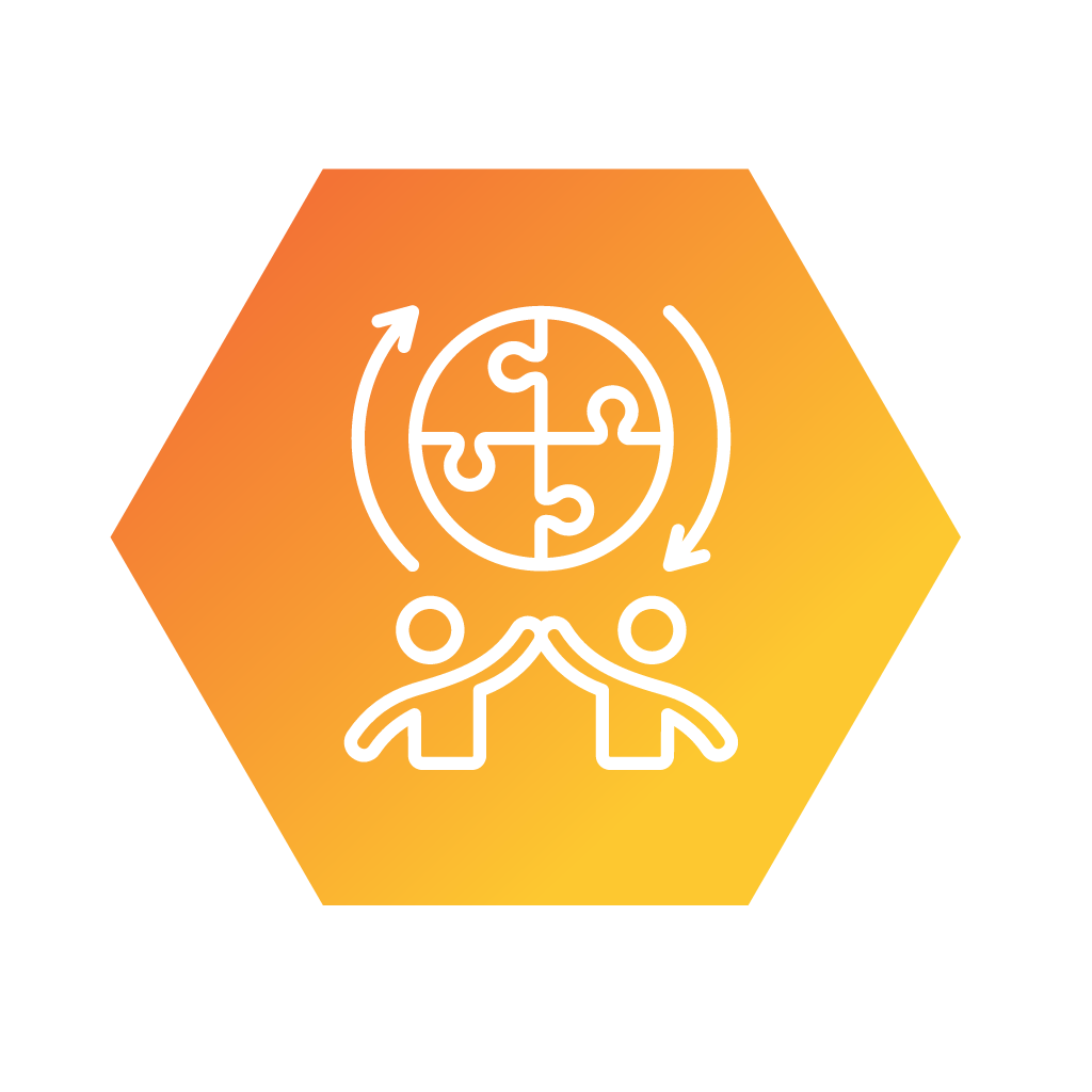 Icon representing collaborative teamwork and continuous improvement in Operational Blueprint Consultancy Services, with two figures solving a puzzle under a circular arrow, encapsulated within an orange hexagon.