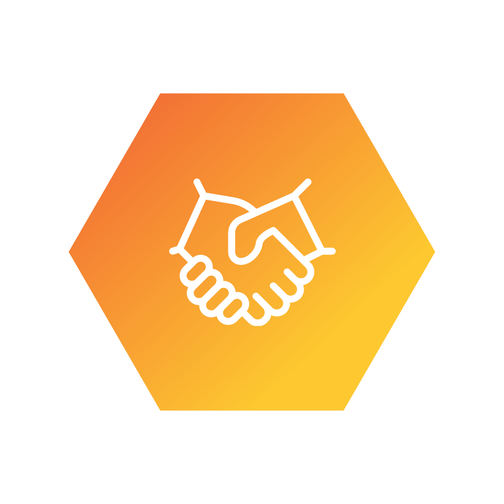Icon of a handshake within a gradient orange hexagon symbolising partnership and successful collaboration, a core principle of our Operational Blueprint Consultancy Services.