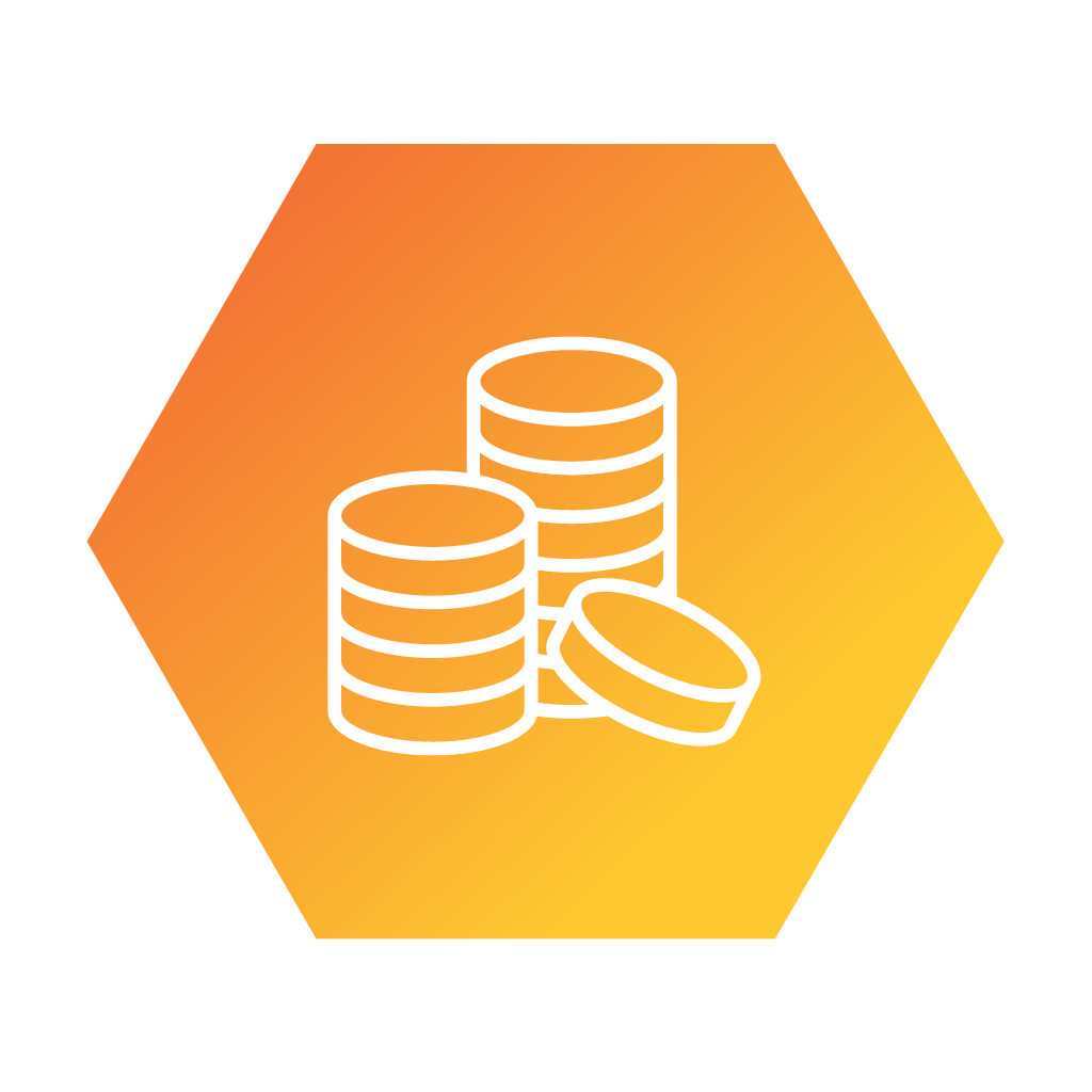 Icon of stacked coins within an orange hexagon symbolizing financial growth and stability, a key outcome of our Operational Blueprint Consultancy Services.