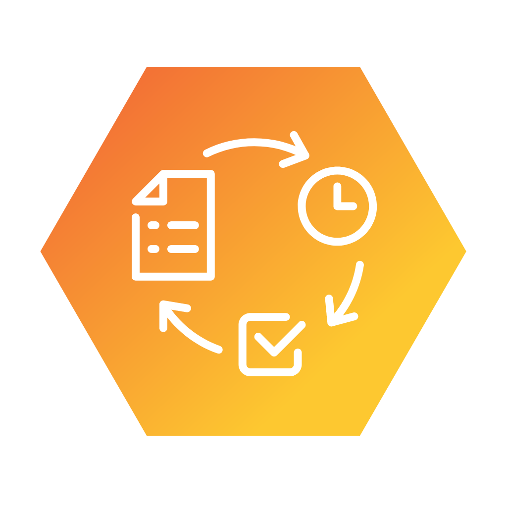 Icon depicting a project management cycle within an orange hexagon, including planning documents, time scheduling, and completion checkmarks, illustrating the systematic approach of our Operational Blueprint Consultancy Services.