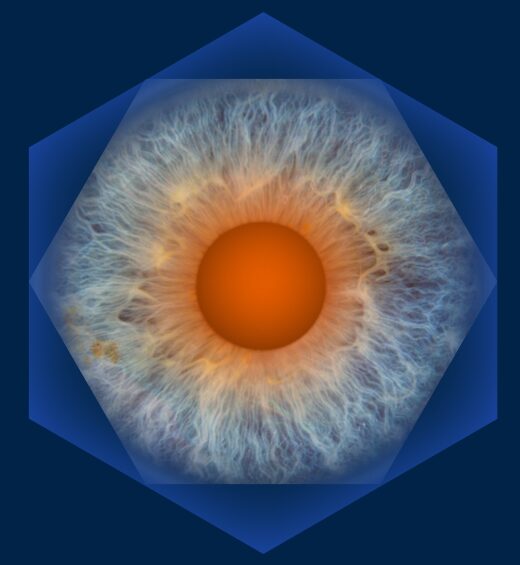 Change Management services symbolised by a detailed close-up of a human iris, showcasing intricate fibres radiating from the pupil against a deep blue background framed by a hexagonal border. The iris displays a spectrum of colours from a rich orange centre to a light blue outer ring, with subtle variations and flecks highlighting the uniqueness of human eyes. The overall composition offers a striking, artistic representation of the eye.