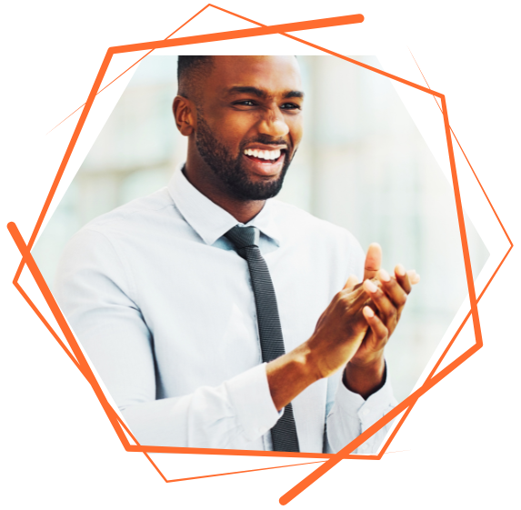 Change Management services illustrated by a cheerful man in professional attire, clapping his hands mid-applause, with a smile that suggests approval or celebration. He is framed within an abstract, multi-angular orange line shape, adding a dynamic and modern feel to the image, with the background out of focus to emphasise the figure in the foreground