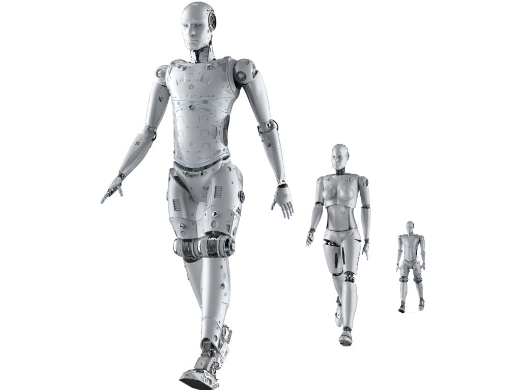 This image features three humanoid robots of varying sizes, arranged in a line and seemingly advancing towards the viewer on a white, reflective surface. The robots are depicted with intricate details showing joints, panels, and mechanical components, all rendered in a metallic silver color. Their design is sleek and modern, highlighting the sophistication of robotics technology in AI in Change Management. The background is plain white, emphasizing the clean and minimalistic aesthetic of the scene.