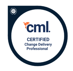 Badge design for Certified Change Delivery Professional by CML. The badge features a navy blue circle with a smaller white circle inside. On the left, a partial navy border contains a small decorative seal. The logo of CML, in orange and grey, is positioned at the top of the white circle, with the words 'CERTIFIED Change Delivery Professional' below in bold, capital letters