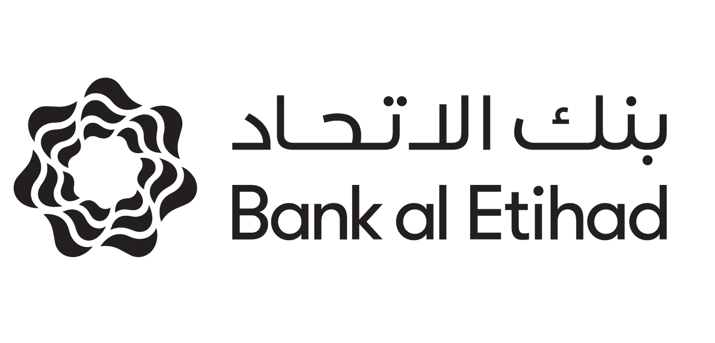 The image is the logo of Bank al Etihad. It features a stylized, abstract design on the left, consisting of interwoven black lines forming a circular pattern, reminiscent of a flower or star. To the right of the emblem, the name "Bank al Etihad" is written in both Arabic and English. The Arabic text is above the English text, and both are in a clean, modern black font. The overall design conveys professionalism and sophistication.