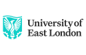 The image is the logo of the University of East London. It features a turquoise shield with a stylized white figure resembling a phoenix or bird with outstretched wings, symbolizing growth and aspiration. To the right of the shield, the text "University of East London" is written in black, using a clear and professional font. The overall design is modern and academic, representing the university's commitment to education and progress.