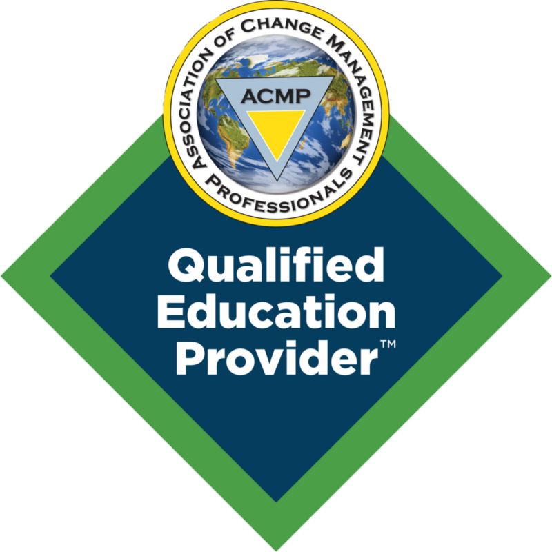 Logo of the Association of Change Management Professionals (ACMP) as a Qualified Education Provider. The logo features a globe with a triangular yellow and blue arrow in the center, surrounded by a yellow ring with the text "Association of Change Management Professionals." Below the globe, there is a diamond-shaped badge with a green border and blue center, containing the text "Qualified Education Provider.