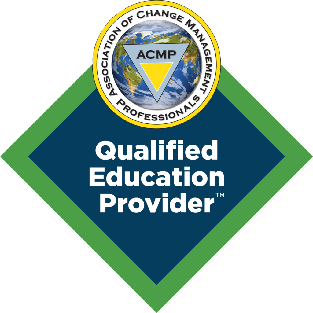 Association of Change Management Professionals (ACMP) Qualified Education Provider badge. The logo features a globe at its center with a yellow triangle labeled 'ACMP,' surrounded by text. The badge has a green and blue diamond shape with the words 'Qualified Education Provider' below. This represents an accreditation for high-quality Change Management e-learning programs.