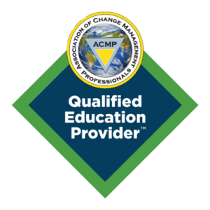 ogo of the Association of Change Management Professionals (ACMP) as a Qualified Education Provider. The logo features a globe with a triangular yellow and blue arrow in the center, surrounded by a yellow ring with the text "Association of Change Management Professionals." Below the globe, there is a diamond-shaped badge with a green border and blue center, containing the text "Qualified Education Provider.