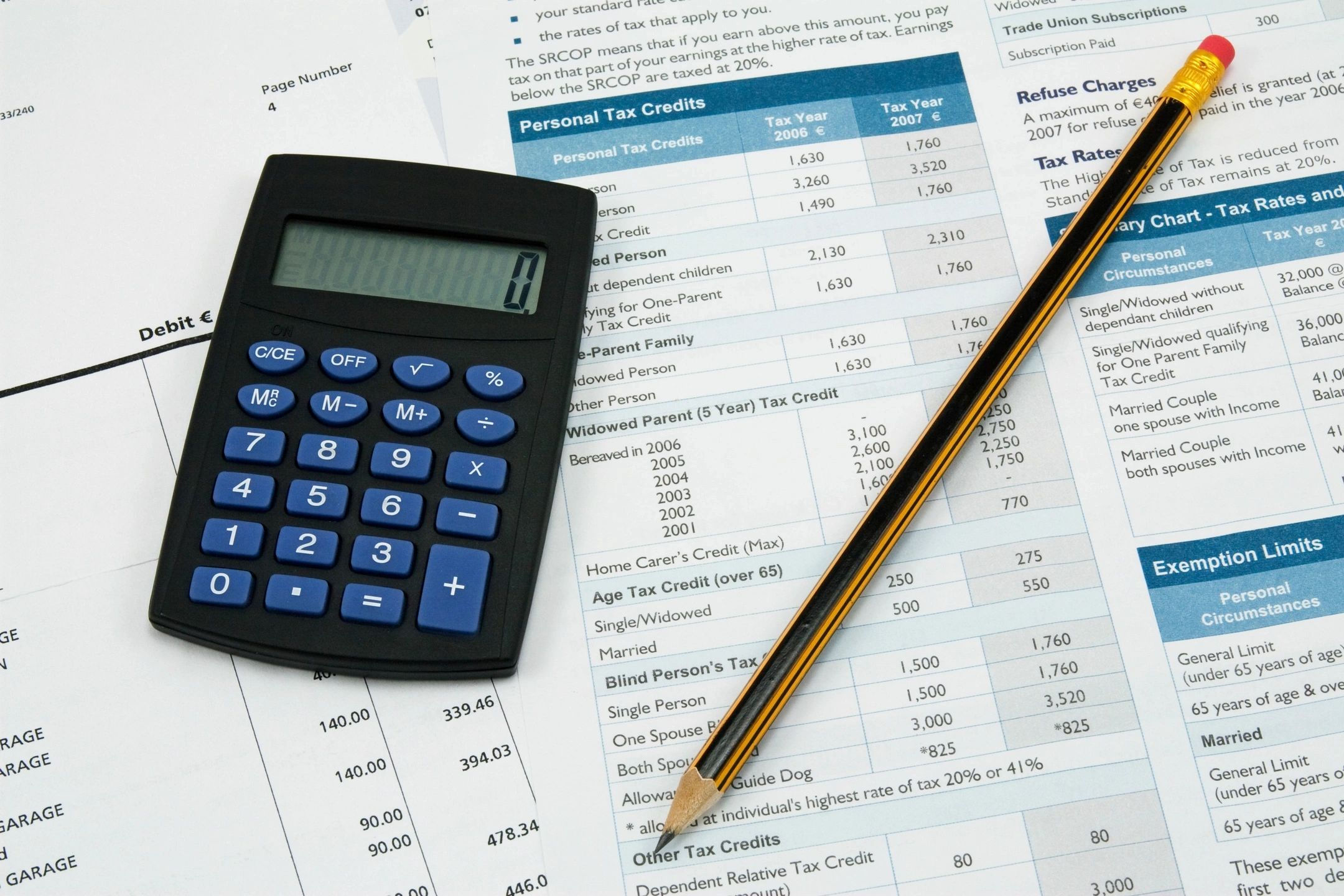Calculator and pencil on top of tax forms and financial documents, symbolizing financial services and accounting.