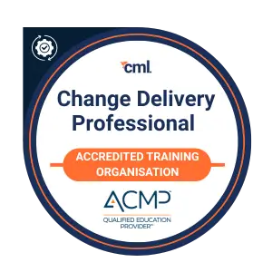 Circular badge displaying accreditation for the Change Delivery Professional course by CML (Change Management Library). The badge includes: “Accredited Training Organisation” highlighted in orange. ACMP Qualified Education Provider logo at the bottom. A gear icon with a person symbol in the top left, representing training and certification. Bold blue and orange border giving it an official and professional look.