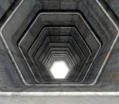 The image displays a perspective view of an architectural structure resembling a tunnel with a hexagonal cross-section. The tunnel appears to be constructed from concrete, with the walls exhibiting signs of aging or weathering, such as stains and streaks. The design of the tunnel is repetitive, with each hexagonal section leading to another, creating a visual effect that draws the eye towards the light at the end of the tunnel