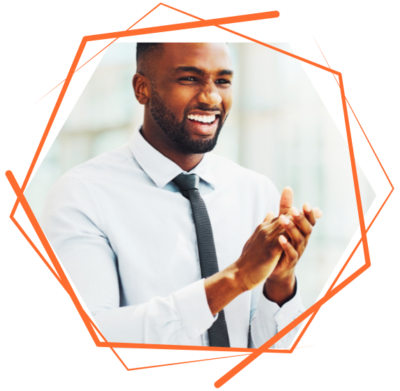 "Change Management services illustrated by a cheerful man in professional attire, clapping his hands mid-applause, with a smile that suggests approval or celebration. He is framed within an abstract, multi-angular orange line shape, adding a dynamic and modern feel to the image, with the background out of focus to emphasise the figure in the foreground